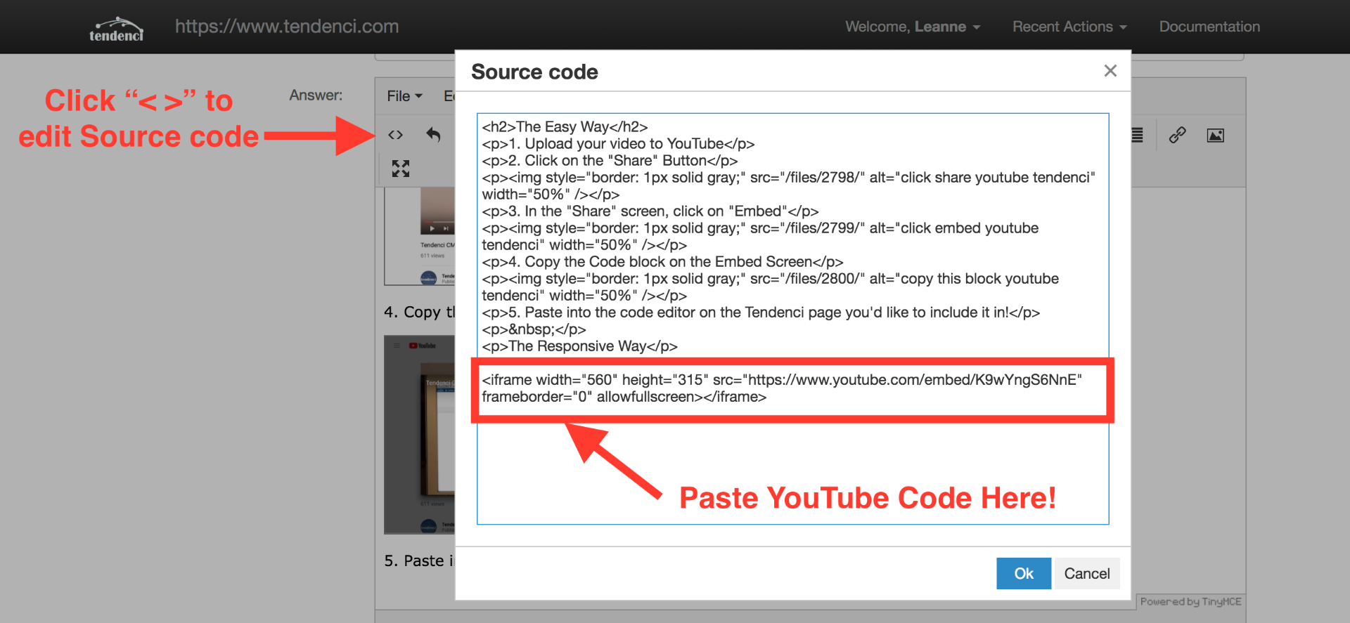 paste youtube code block here on tendenci