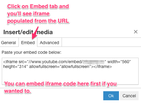 Tendenci's text editor Embed tab shows iframe code