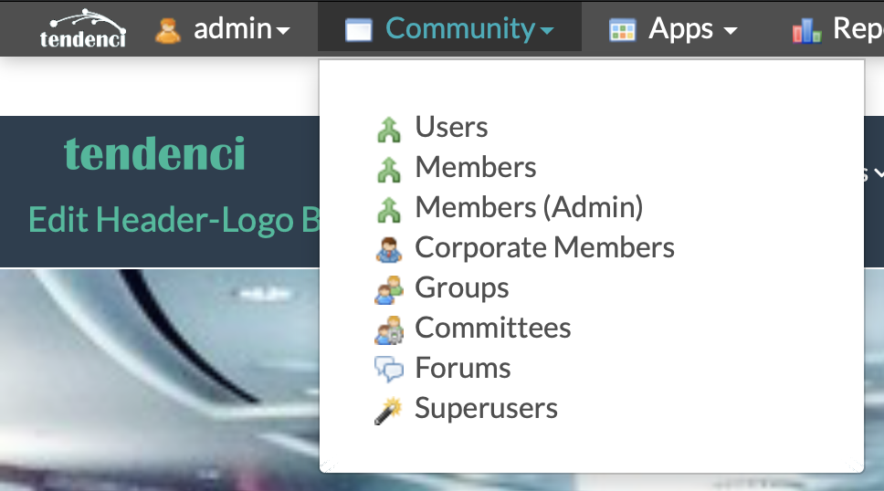 a screenshot of tendenci community admin drop down menu