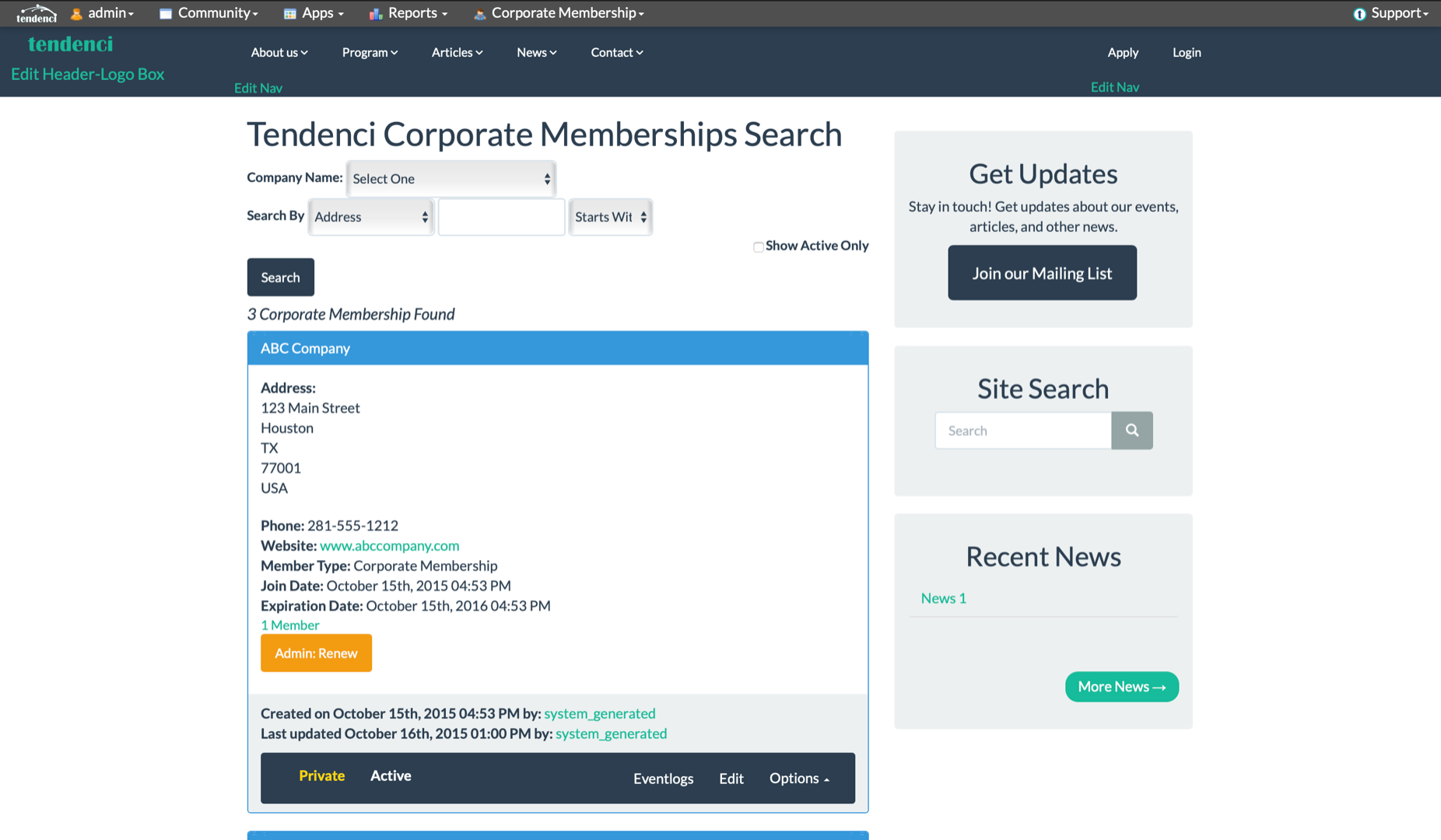 a screenshot of tendenci corporate membership module front-end