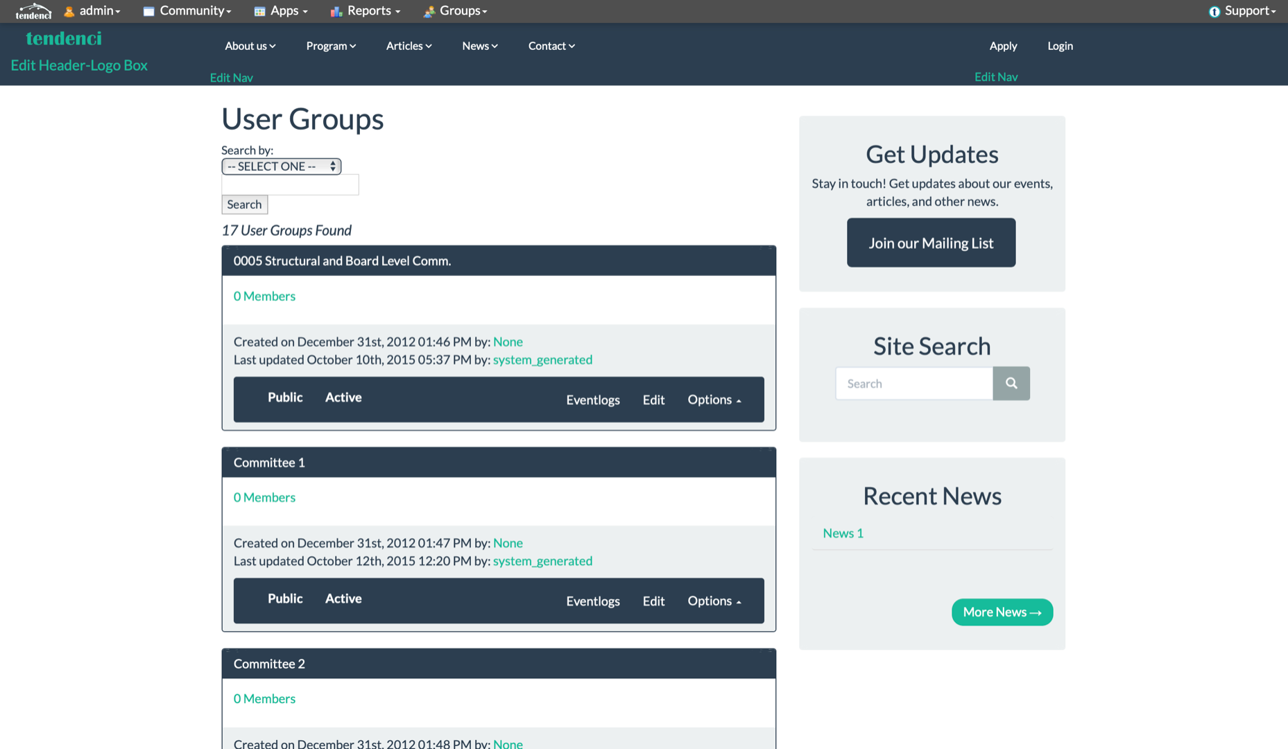 a screenshot of tendenci user groups interface