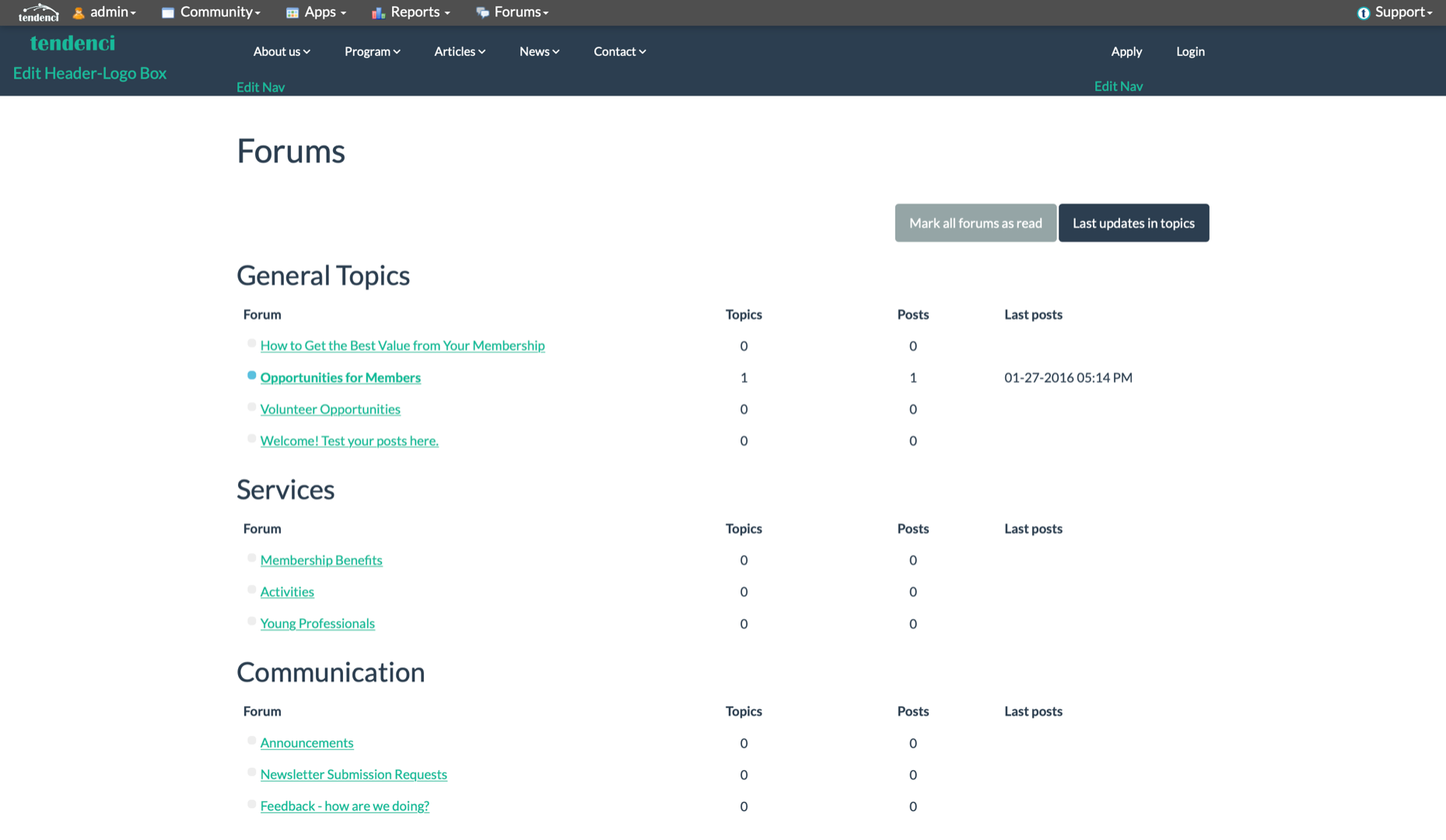 a screenshot of tendenci forums capabilities