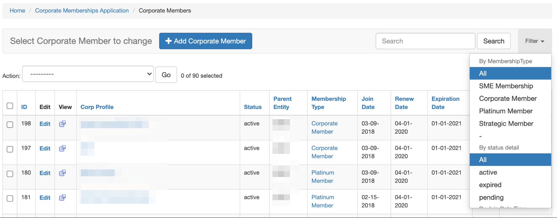 Screenshot - corporate member list report
