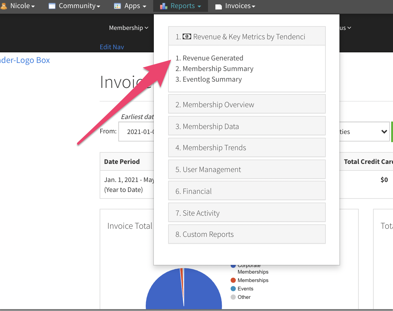 Tendenci Screenshot - how to find your Invoices Overview Report
