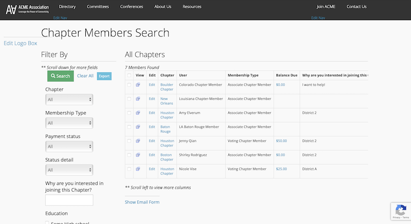 tenendenci chapters member search admin backend