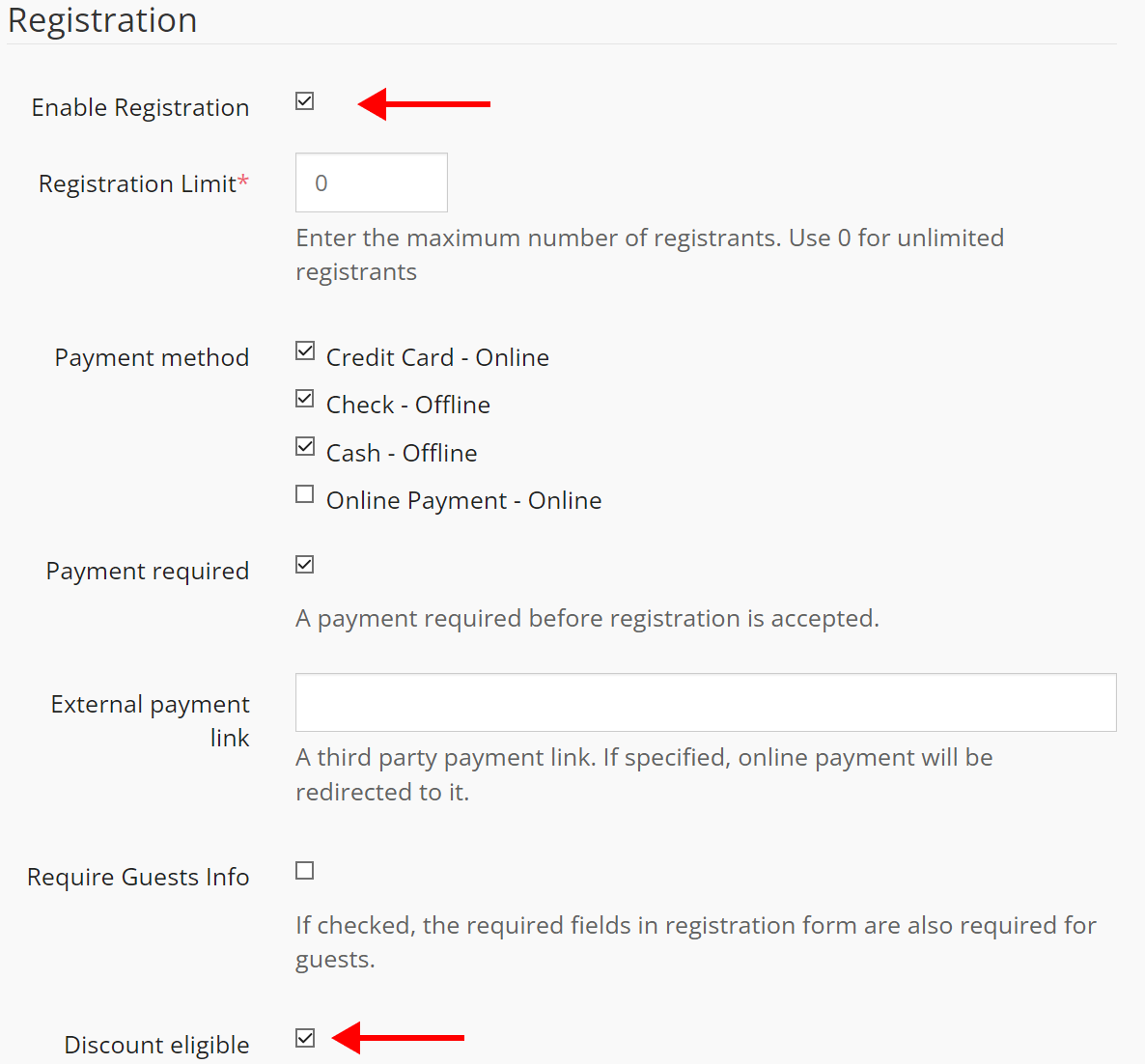 Enable Discounts in Events Registration