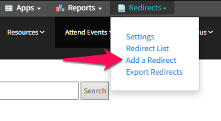 screenshot of how to add a redirect in Tendenci 