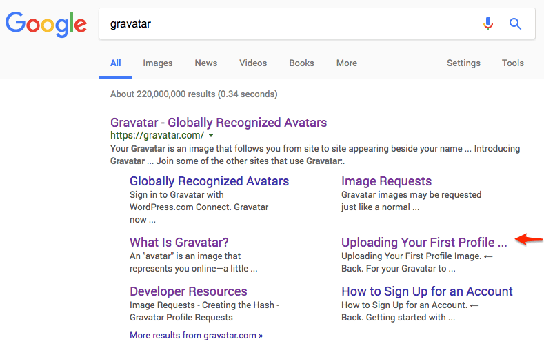 Screenshot of Google search result of Gravatar