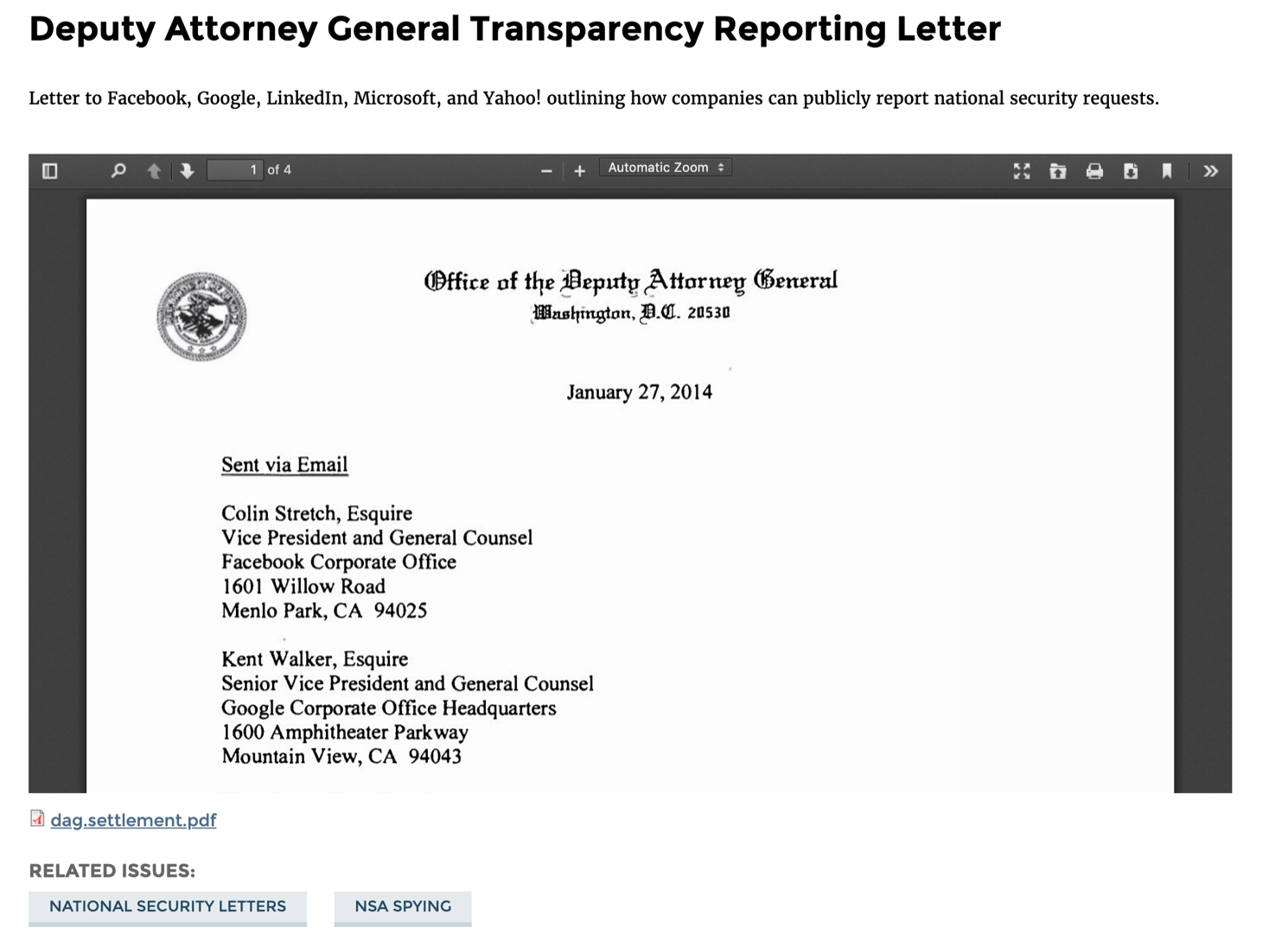 Deputy Attorney General Transparency Reporting Letter PDF ScreenShot 