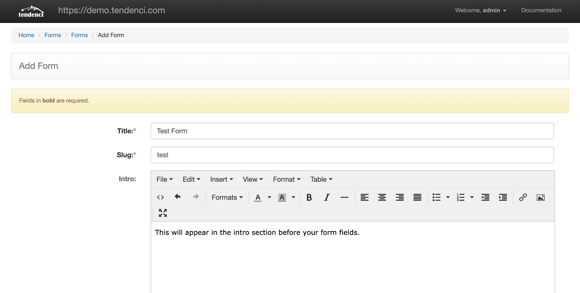 Screenshot: Forms Module - Intro, Name and Slug