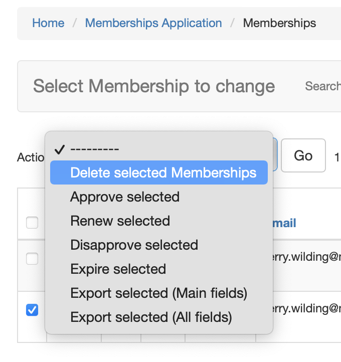 Screenshot Delete Membership Memberships Application Admin Console