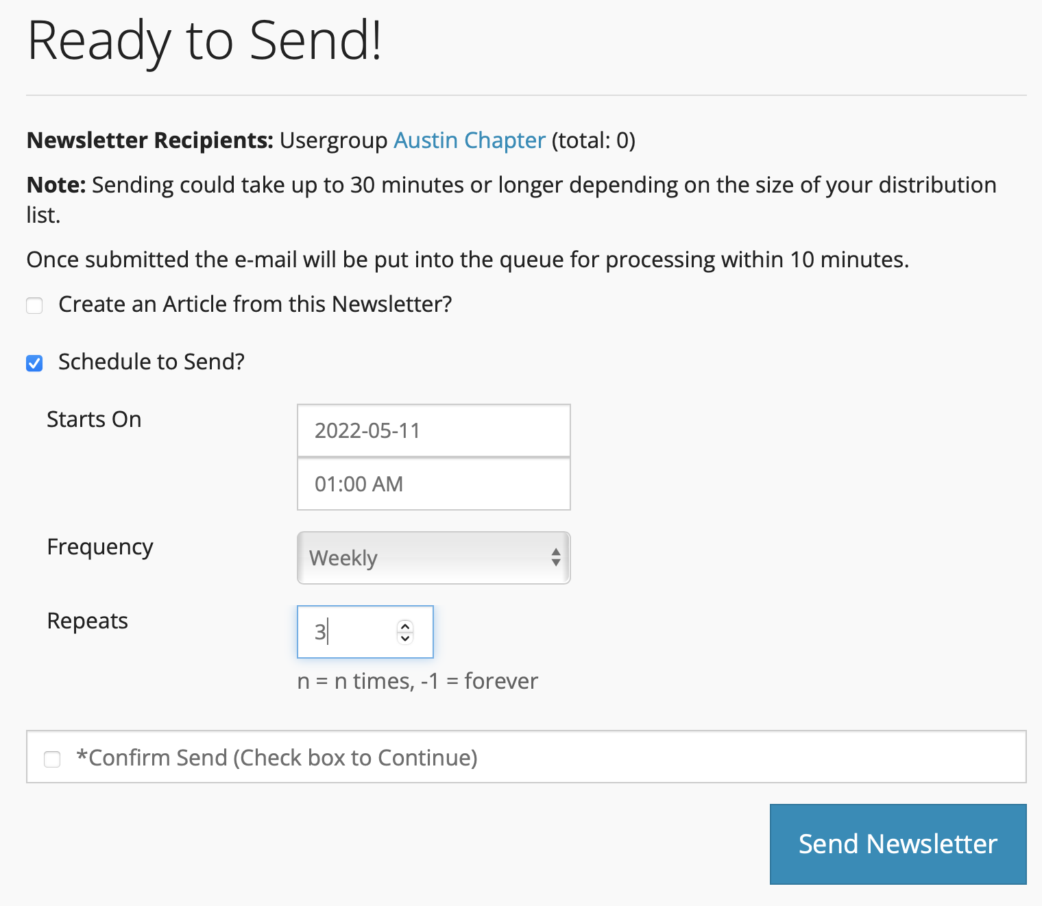 Screenshot Tendenci Newsletter Schedule Repeats Option Help-file