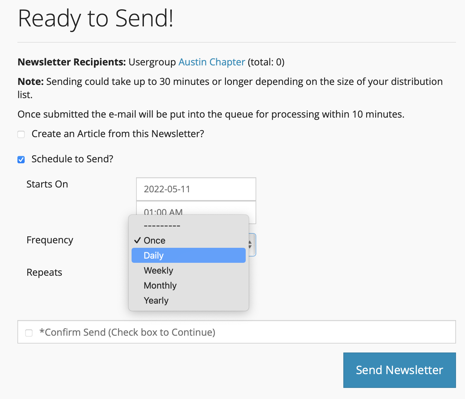 Screenshot Newsletter Scheduler Frequency Selection Help-file 