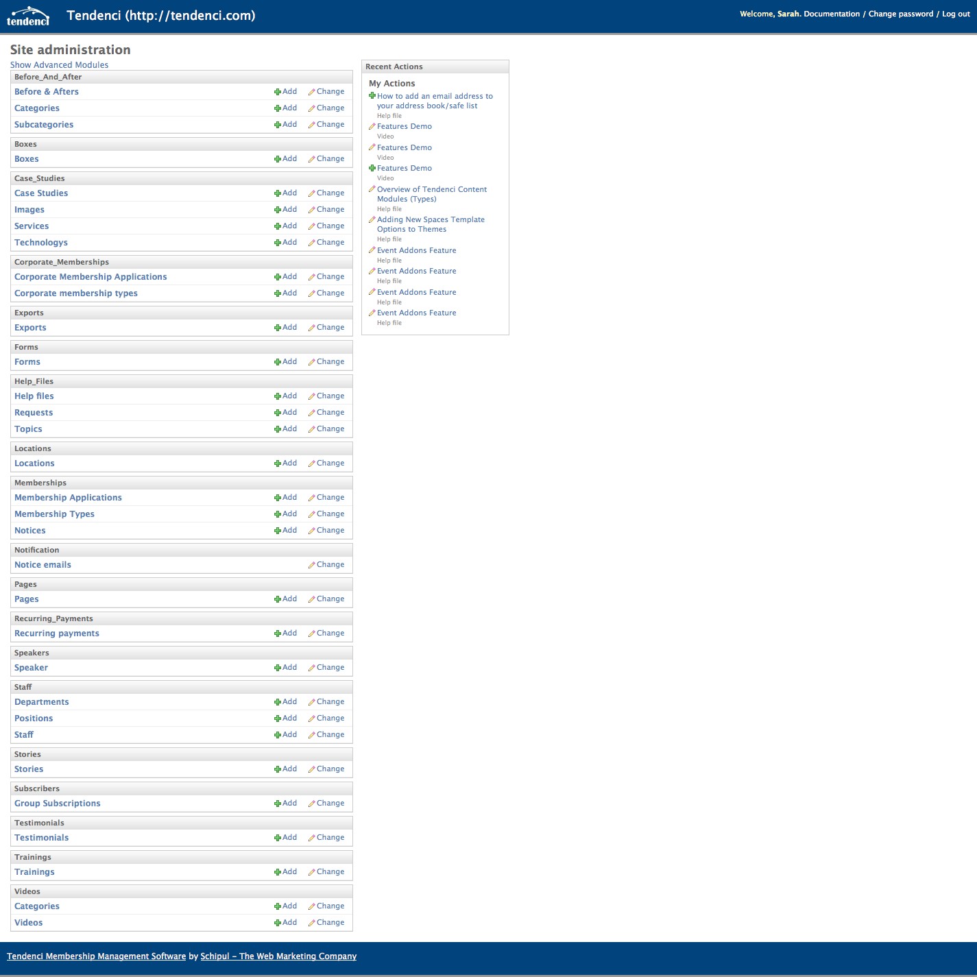 Screenshot of Tendenci.com Admin Management Dashboard Showing Contributions