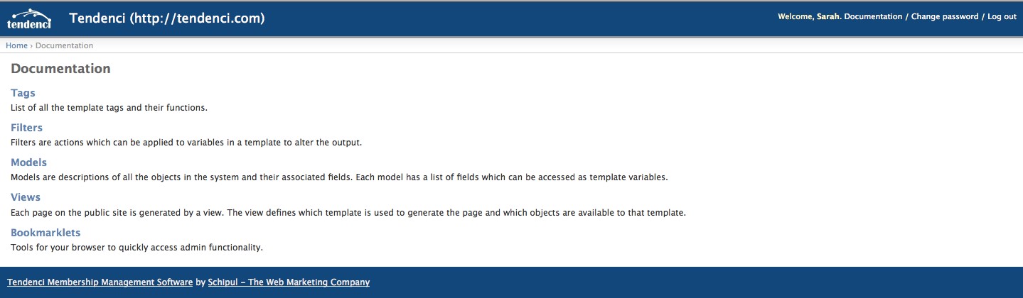 Screenshot of Tendenci's Site Documentation Main Admin Menu