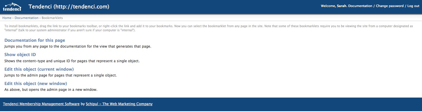 Screenshot of Tendenci Documentation Bookmarklet Admin Options