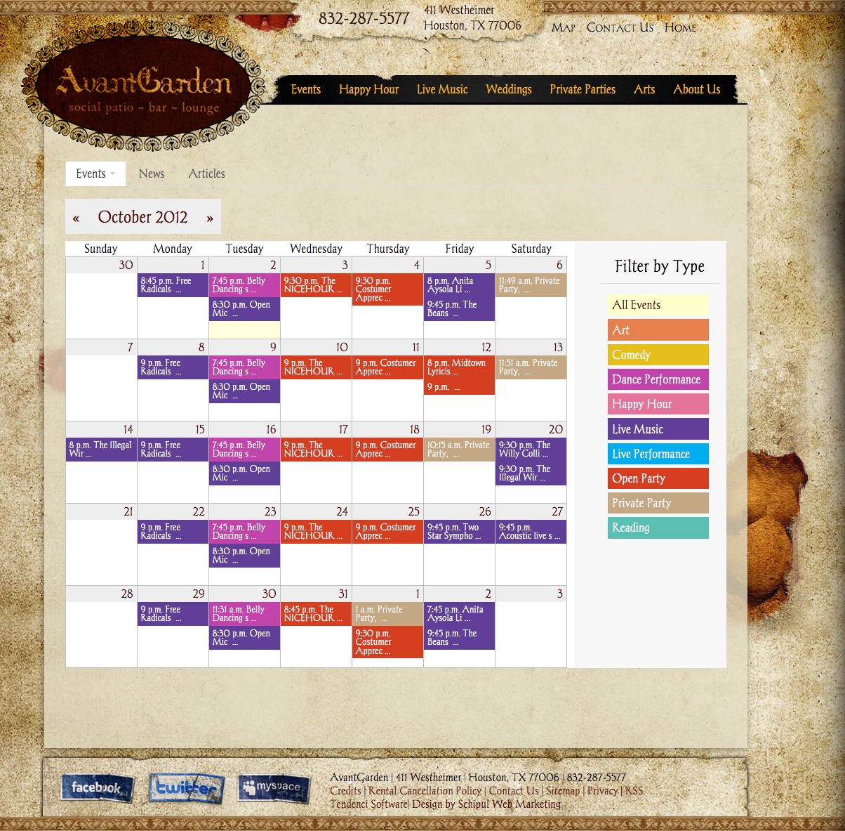 Avant Garden Houston Events Calendar Screenshot using Tendenci