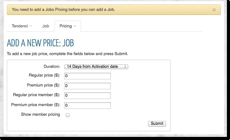 Add a New Job Pricing Screenshot