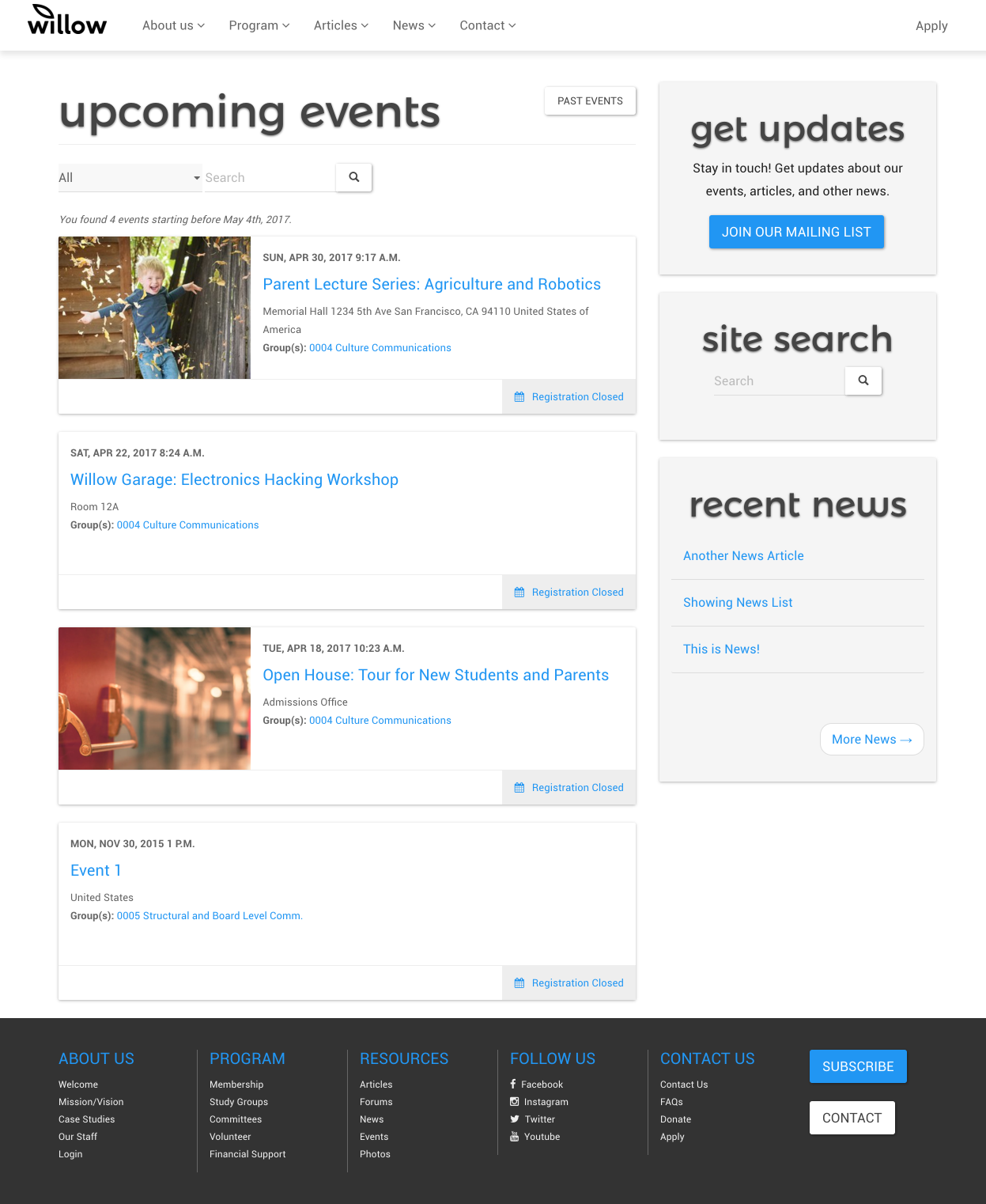 image of the events list from the willow theme